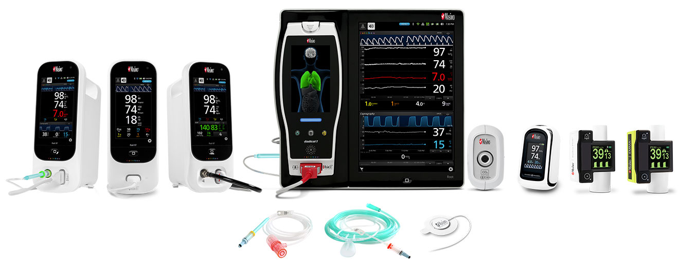 Masimo Portfolio - Rad-97™ with NomoLine Capnography, Rad-97, Rad-97 with Noninvasive Blood Pressure, Root® with ISA™ CO2, MightySat Rx, EMMA® NomoLine™ Sampling Lines, RAS-45 Sensor